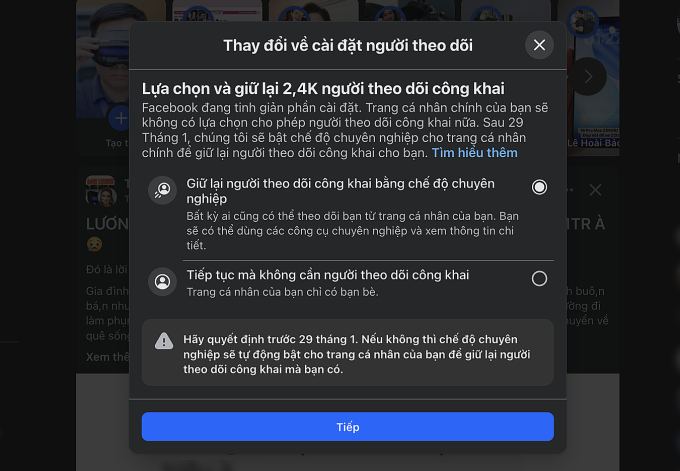 Thông báo về cài đặt người theo dõi trước khi chuyển sang Chế độ chuyên nghiệp của Facebook. Ảnh chụp màn hình