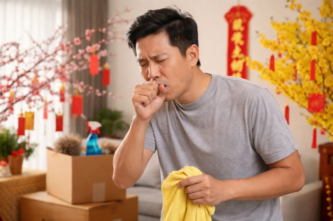 Tết là thời điểm vệ sinh nhà cửa và bụi bẩn dễ gây ra các tình trạng hô hấp. Ảnh minh họa được tạo bởi AI