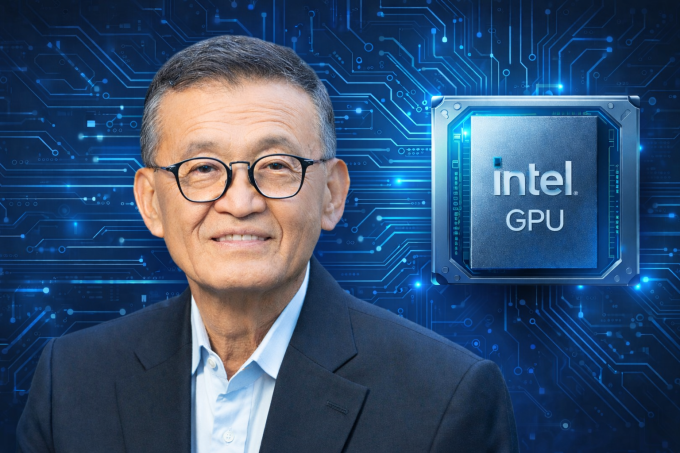 CEO Intel Lip-Bu Tan và minh họa GPU Intel. Ảnh: Intel/ChatGPT