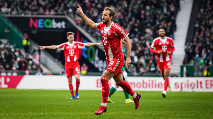 Harry Kane mừng bàn trong trận Bayern thắng Werder Bremen 3-0 ở vòng 22 Bundesliga trên sân Weserstadion, Bremen, Đức ngày 14/2/2026. Ảnh: FC Bayern