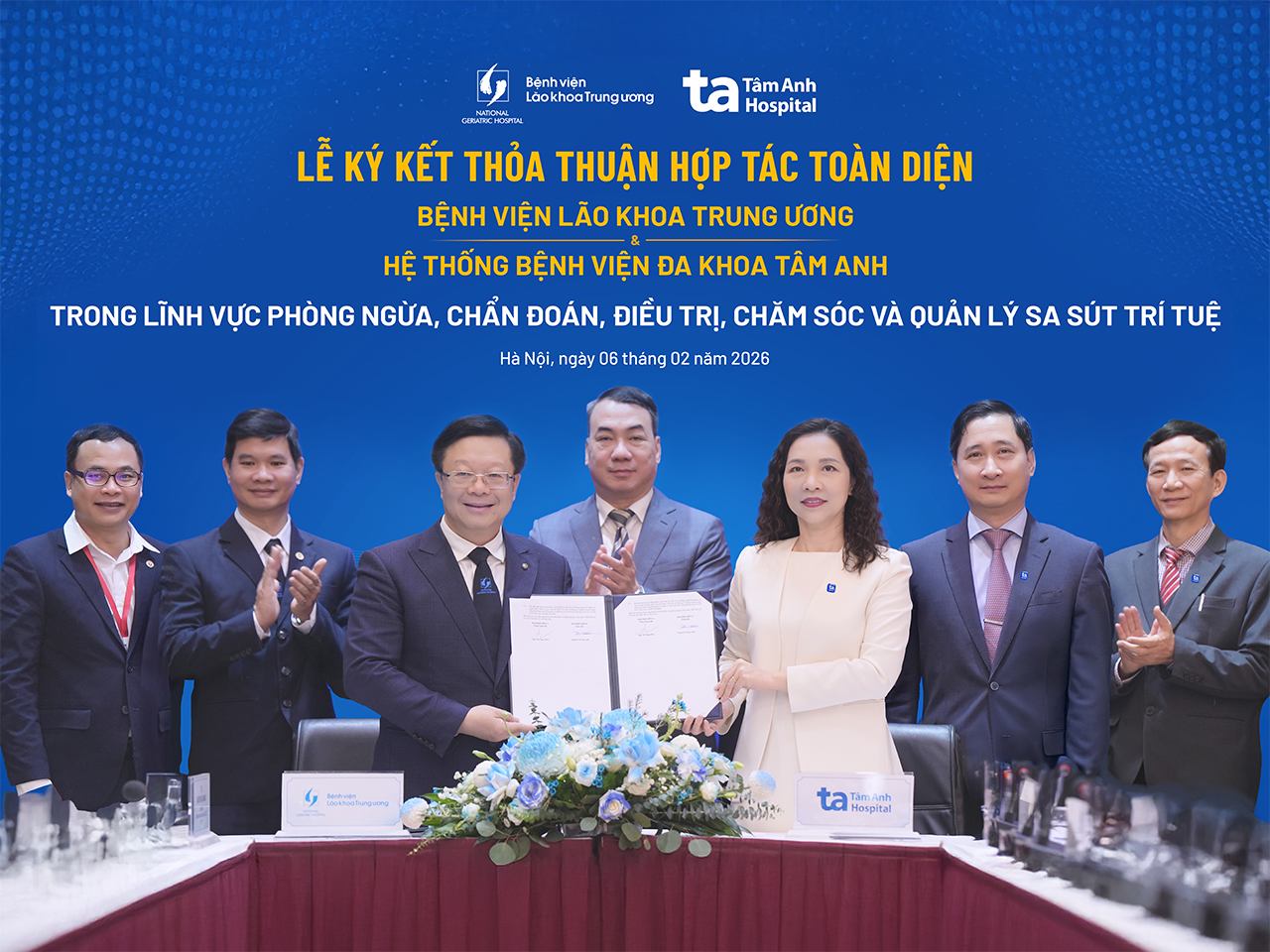 Lễ ký kết Thỏa thuận hợp tác toàn diện giữa Bệnh viện Lão khoa Trung ương và Hệ thống BVĐK Tâm Anh trong lĩnh vực phòng ngừa, chẩn đoán, điều trị, chăm sóc và quản lý bệnh Alzheimer và các bệnh lý sa sút trí tuệ liên quan ở người cao tuổi. Ảnh: BVĐK Tâm Anh
