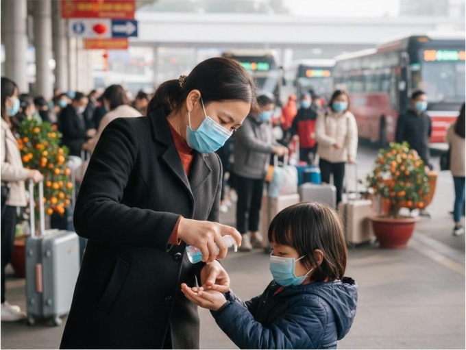 Phụ huynh lưu ý cho trẻ đeo khẩu trang, thường xuyên sát khuẩn tay để phòng ngừa lây bệnh truyền nhiễm khi di chuyển dịp Tết. Ảnh được tạo bởi AI