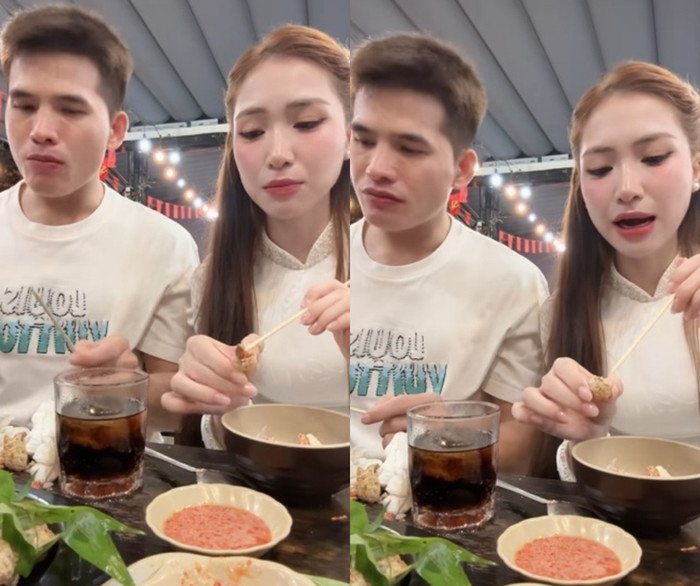 Hòa Minzy và Quốc Thiên cùng nhau đi ăn. Đáng chú ý, nữ ca sĩ tấm tắc khen món ốc hương rang muối. (Ảnh từ TikTok nhân vật)
