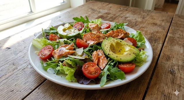 Món salad cá hồi bơ chứa chất xơ, chất béo lành mạnh và protein cần thiết giúp giảm tác hại của rượu bia ngày Tết. (Ảnh minh họa AI)