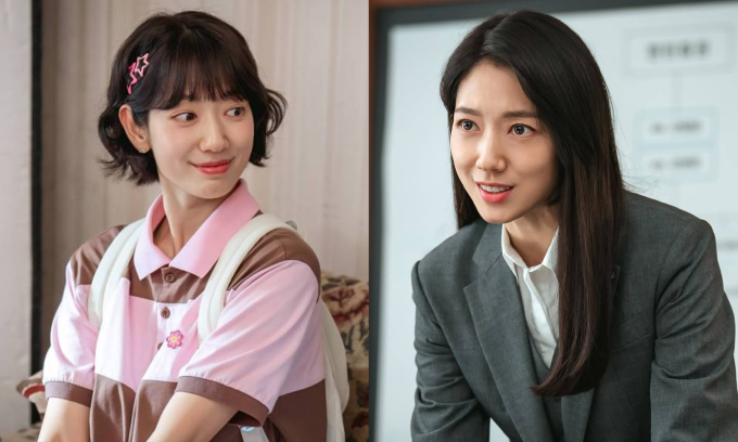 Hai tạo hình của Park Shin Hye trong phim Undercover Miss Hong. Ảnh: Netflix