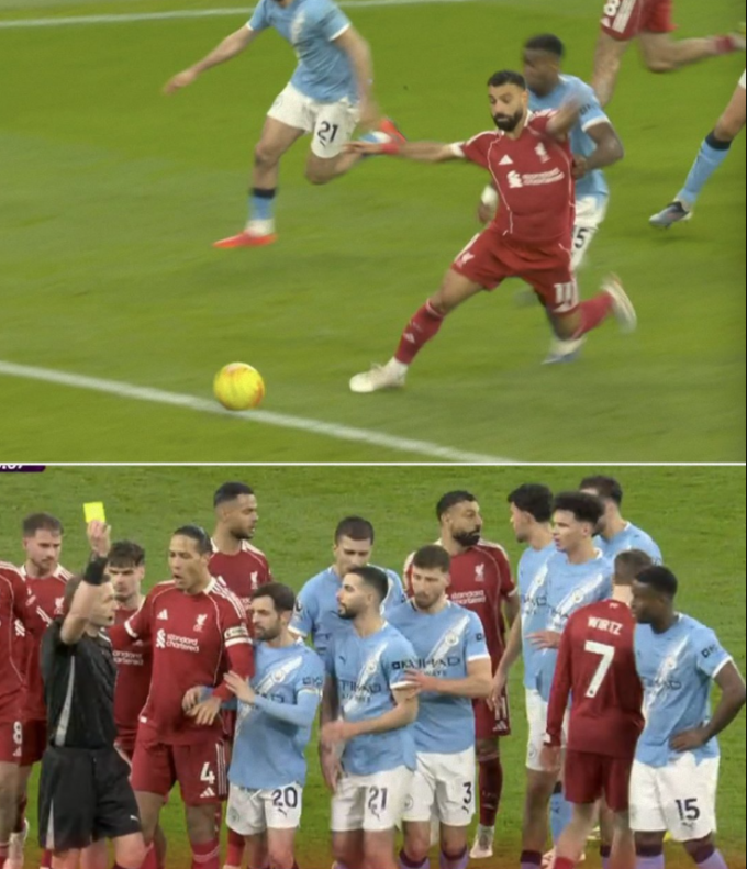 Marc Guehi nhận thẻ vàng vì pha kéo áo Mohamed Salah trong trận Man City thắng Liverpool 2-1 ở vòng 25 Ngoại hạng Anh trên sân Anfield, Liverpool, Anh ngày 8/2/2026.