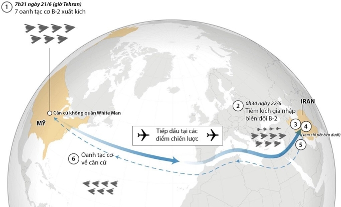 Hành trình di chuyển của các oanh tạc cơ B-2 tập kích Iran. Bấm vào ảnh để xem chi tiết