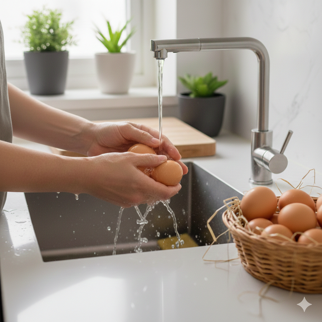 Không rửa trứng trước khi bảo quản vì có nguy cơ làm vi khuẩn xâm nhập vào bên trong.