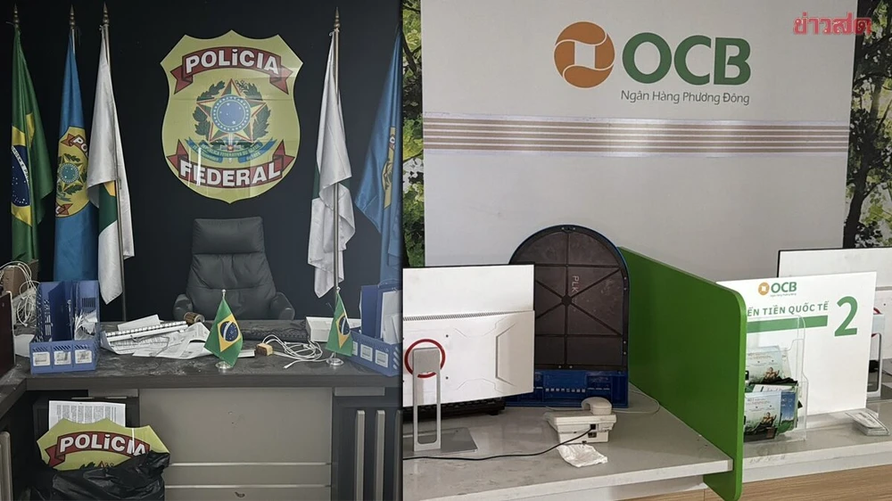 "Đồn cảnh sát" Brazil và "phòng giao dịch" ngân hàng tại khu phức hợp lừa đảo O’Smach. Ảnh: KHAOSOD thai-lan-dot-nhap-dai-ban-doanh-lua-dao-o-bien-gioi-campuchia.jpg