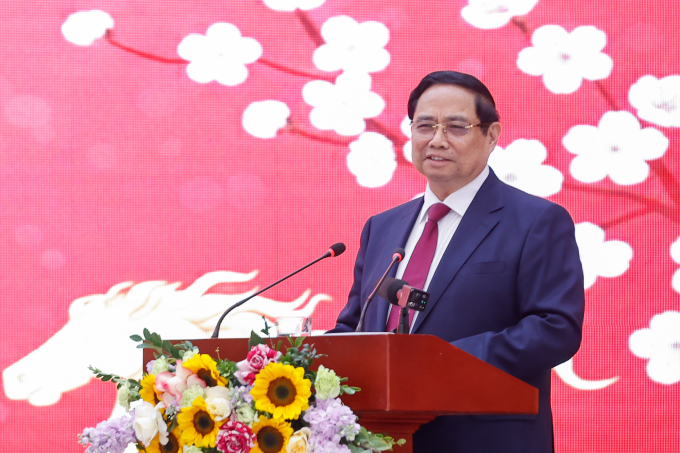 Thủ tướng Phạm Minh Chính phát biểu tại Viện Hàn lâm Khoa học xã hội Việt Nam sáng 24/2. Ảnh: Nhật Bắc