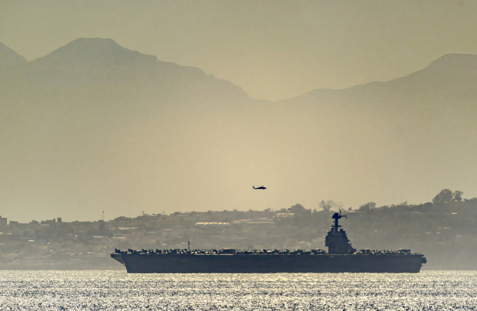 Tàu sân bay USS Gerald Ford tại Gibraltar, lãnh thổ hải ngoại của Anh, trong ảnh đăng ngày 20/2. Ảnh: AFP