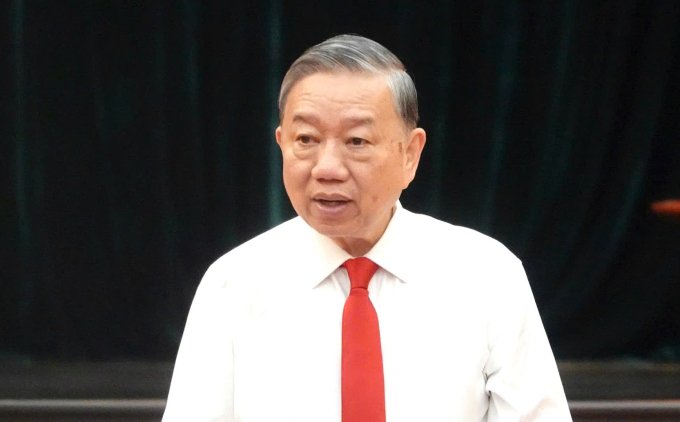 Tổng Bí thư Tô Lâm phát biểu tại buổi thăm, chúc Tết Đảng bộ, chính quyền, nhân dân TP HCM, sáng 9/2. Ảnh: An Phương