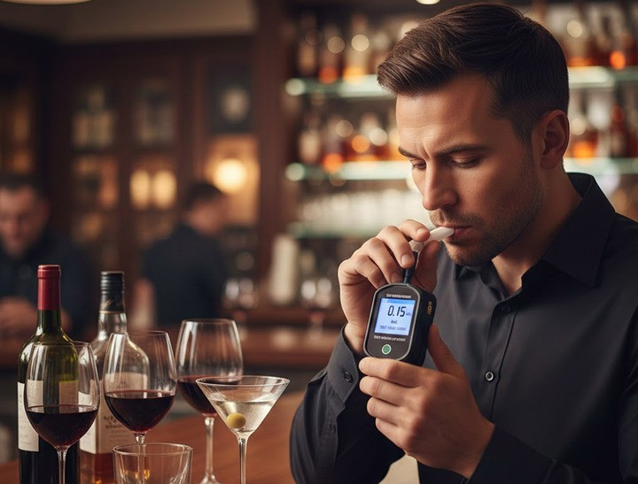 Uống rượu tối hôm trước, hôm sau thổi nồng độ cồn có lên không? (Ảnh minh họa: AI)