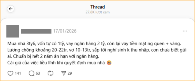 Vợ chồng mua nhà 3,6 tỷ đồng: Vay cả vàng lẫn ngân hàng, giờ hối hận đã quá muộn- Ảnh 1.