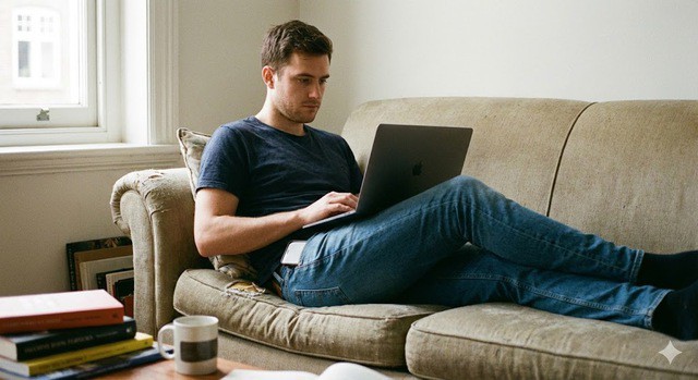 Thói quen của nhiều nam giới hiện đại là để điện thoại trong túi quần hoặc đặt máy tính xách tay (laptop) trực tiếp lên đùi khi làm việc có thể gây vô sinh do nhiệt độ và bức xạ. (Ảnh minh họa AI)