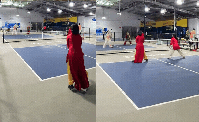 Xuống phố chụp ảnh áo dài xưa rồi, hội gái xinh bây giờ mặc áo dài chơi pickleball mới gây sốt MXH- Ảnh 1.