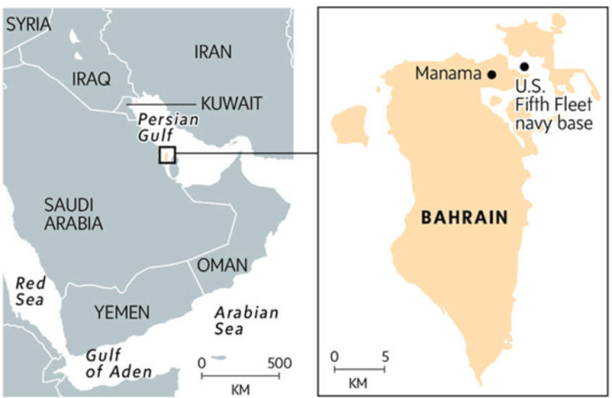 Vị trí căn cứ Hạm đội 5 hải quân Mỹ ở Bahrain. Đồ họa: Globe and Mail