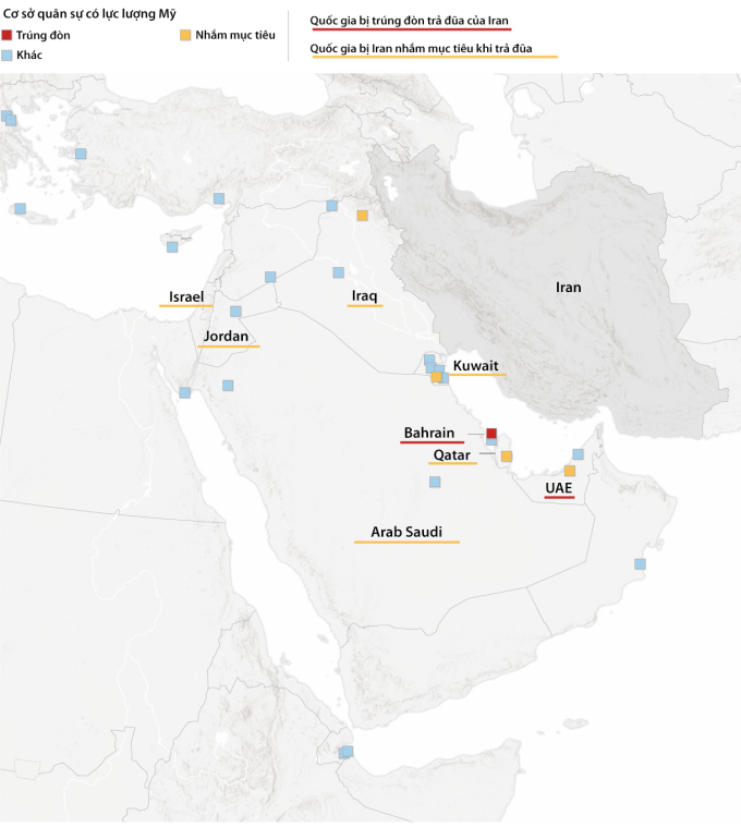 Các mục tiêu bị Iran tập kích khi tấn công trả đũa Mỹ và Israel hôm 28/2. Đồ họa: CNN