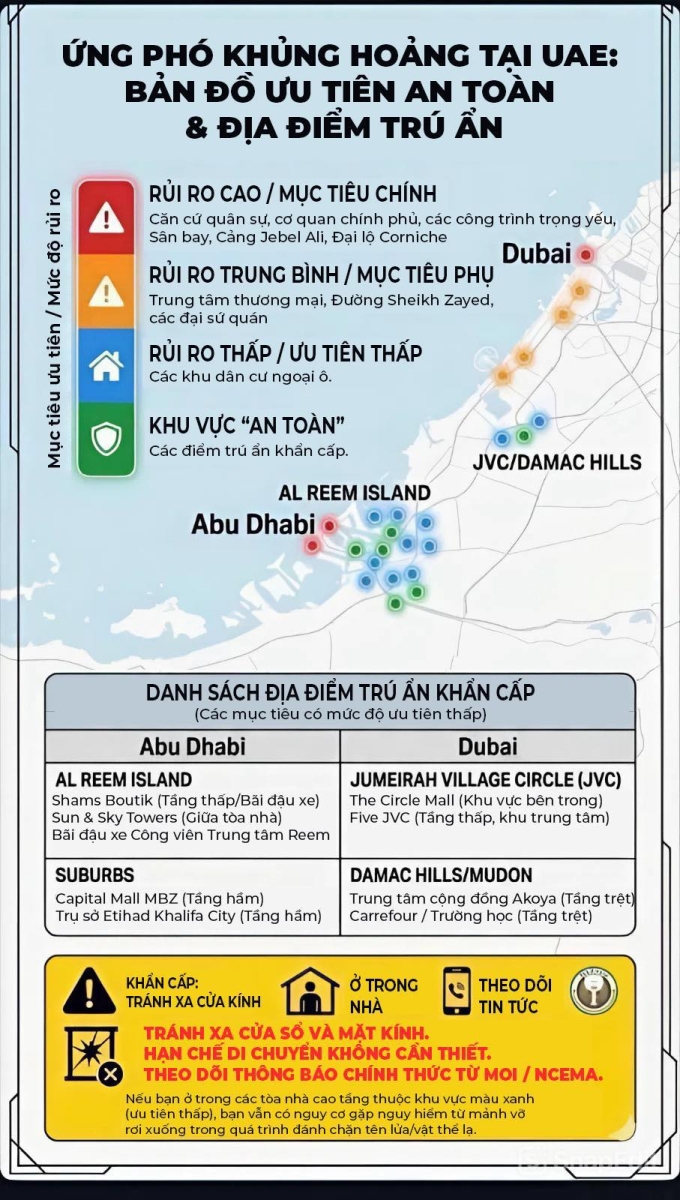 Bản đồ  các khu vực rủi ro, điểm trú ẩn an toàn tại UAE. Đồ họa: ĐSQ Việt Nam tại UAE