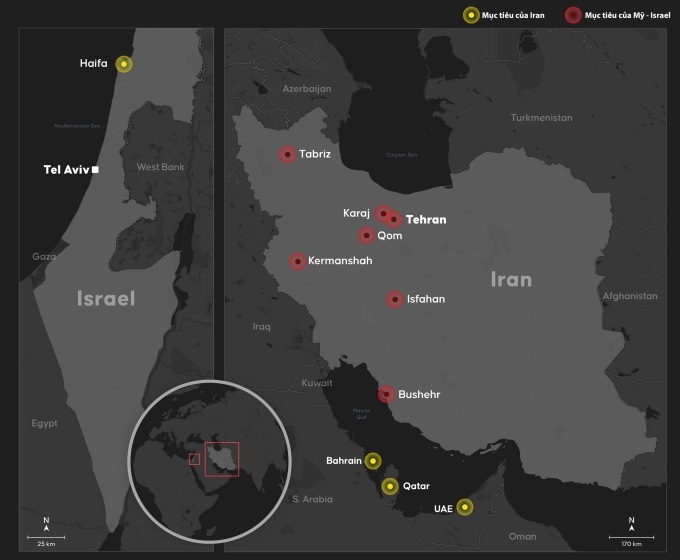 Những mục tiêu hứng tên lửa khi Mỹ, Israel tập kích Iran hôm 28/2. Đồ họa: Anadolu Agency