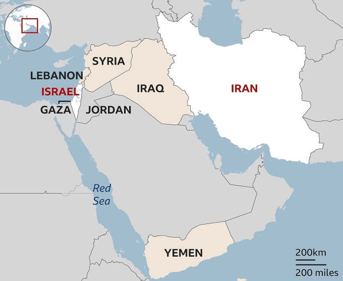 Vị trí Iran, Israel và một số quốc gia Trung Đông. Đồ họa: BBC
