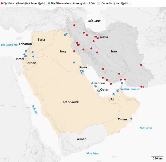 Các mục tiêu bị tập kích trong xung đột giữa Mỹ - Israel và Iran. Đồ họa: CNN