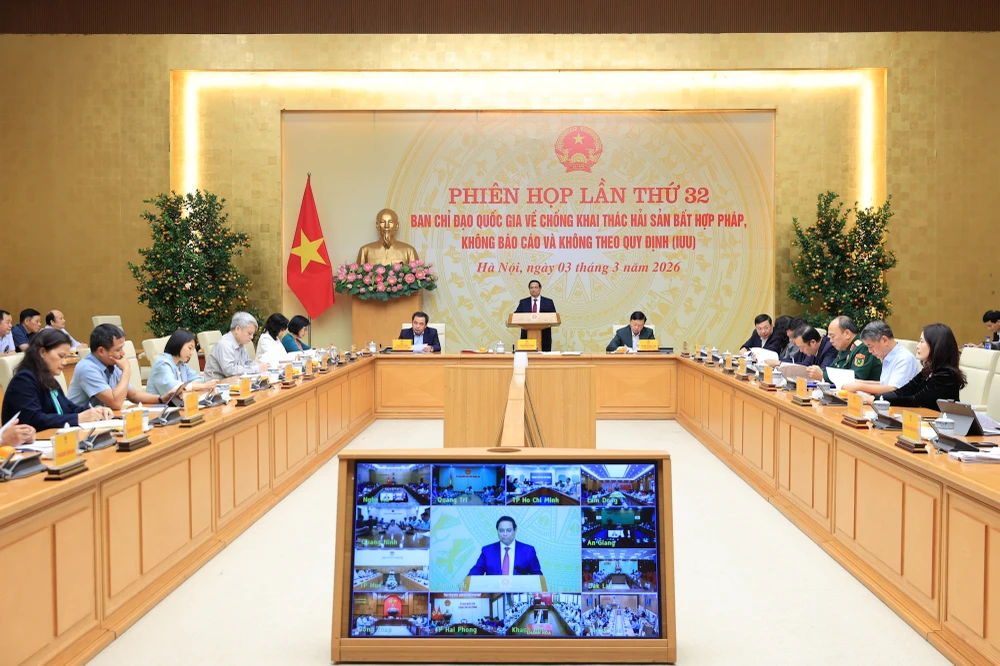 Thủ tướng Phạm Minh Chính chủ trì phiên họp lần thứ 32 của Ban Chỉ đạo quốc gia chống khai thác hải sản bất hợp pháp, không báo cáo và không theo quy định (IUU). Ảnh: VGP img1269-177253987027067759784.jpg