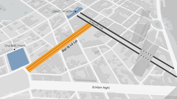 Đường Lê Lợi nằm ở trung tâm TP HCM, kết nối chợ Bến Thành và đường Nguyễn Huệ. Đồ họa: Khánh Hoàng