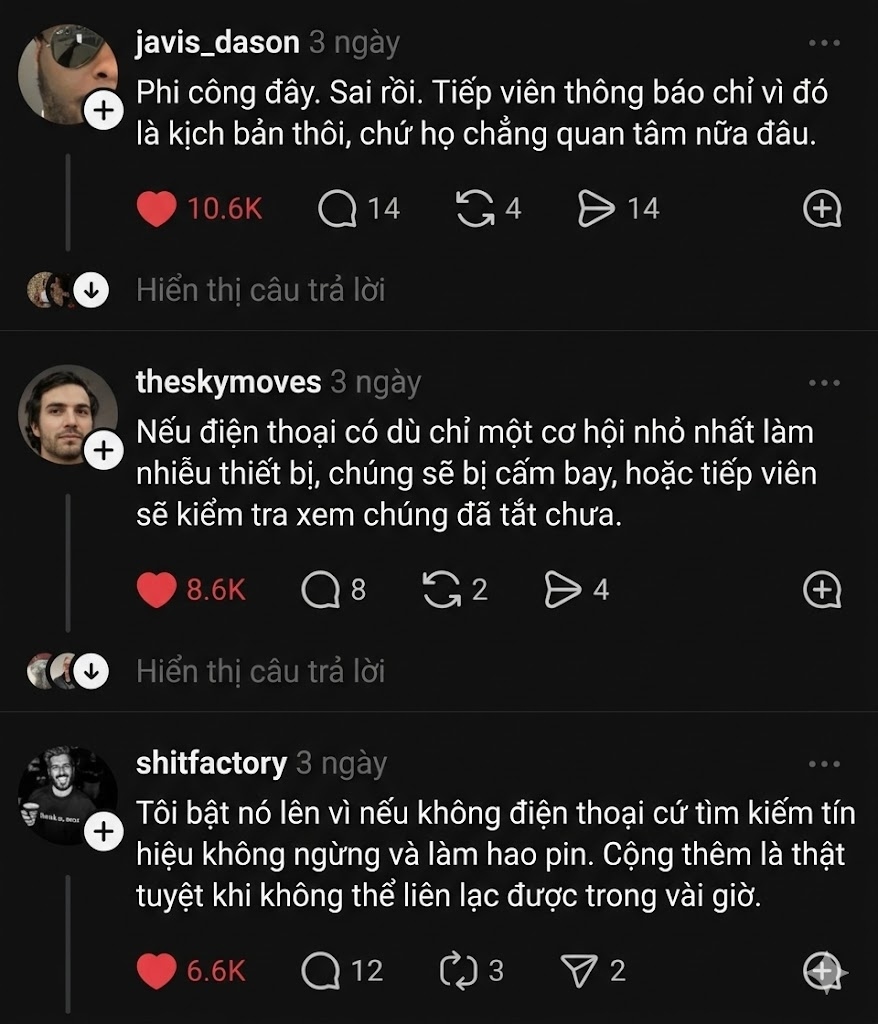 Lên máy bay phải bật chế độ máy bay? Cư dân Threads bình luận sôi nổi, có phi công khẳng định Lên máy bay phải bật chế độ máy bay? Cư dân Threads bình luận sôi nổi, có phi công khẳng định