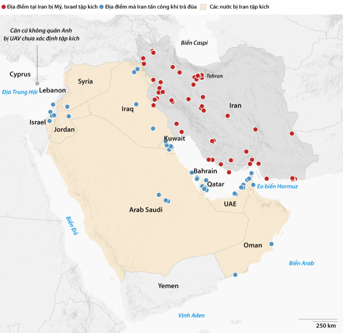 Các mục tiêu bị tập kích tại Trung Đông trong xung đột tính đến ngày 3/3. Đồ họa: CNN