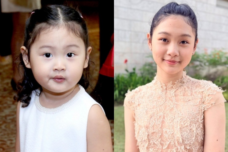 Con gái 13 tuổi cao 1,78 m của Hoa hậu Hương Giang 5 Gương mặt Tiểu Panda lúc ba tuổi (trái) và hiện tại.