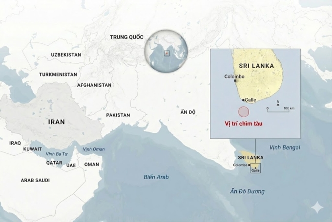 Vị trí tàu chiến Iran chìm ngoài khơi Sri Lanka. Đồ họa: Anadolu