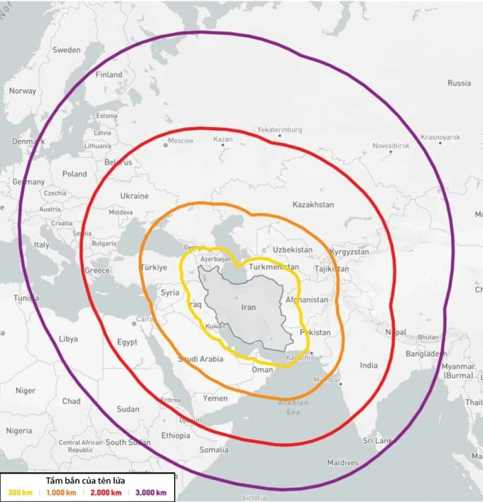 Loạt tên lửa đạn đạo có thể đe dọa căn cứ Mỹ và châu Âu của Iran. Bấm vào hình để xem chi tiết