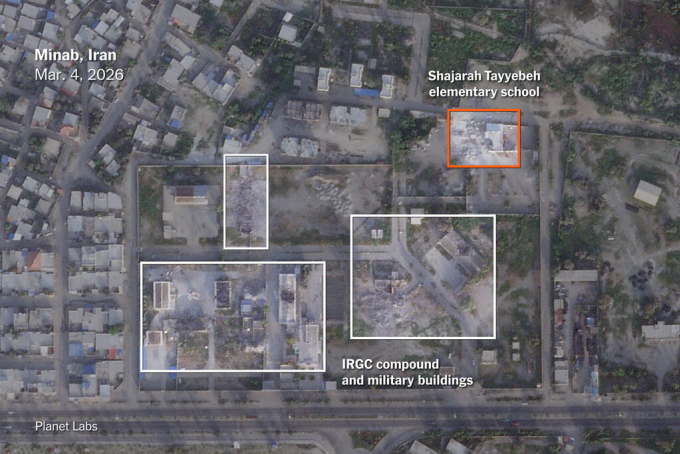 Vị trí trường học (màu đỏ) và khu phức hợp của IRGC cùng các tòa nhà quân sự hôm 4/3. Ảnh: Planet Labs