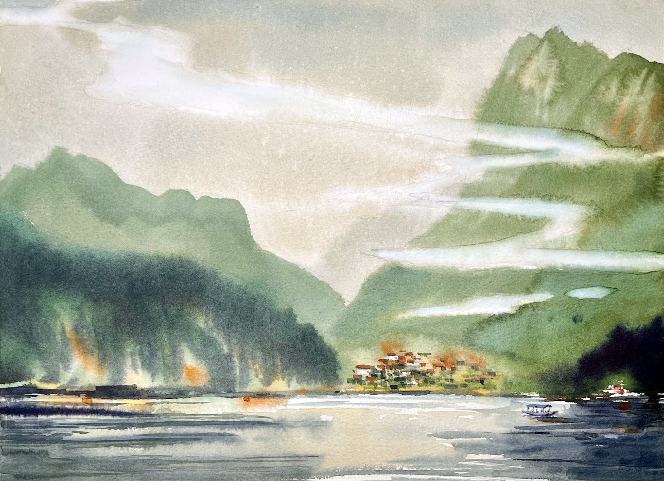 Bản Pác Ngòi của người Tày ngay hồ Ba Bể - ký họa của KTS Duy Huỳnh