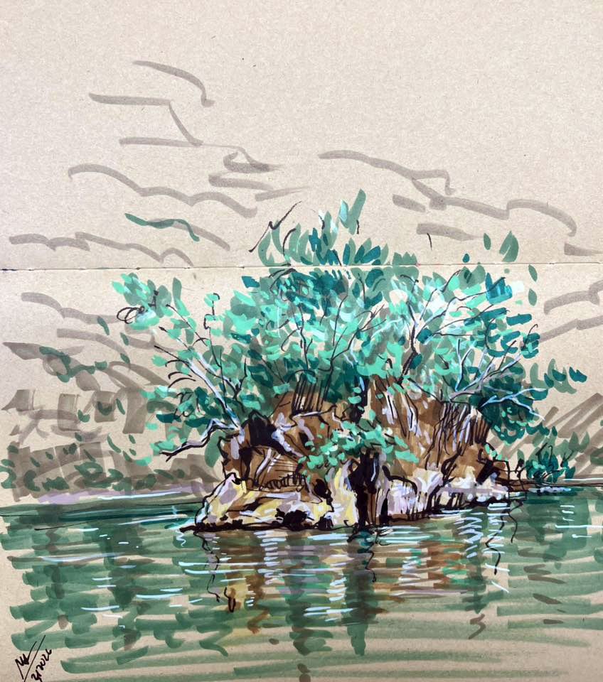 Đảo Bà Góa gắn liền với truyền thuyết mẹ con bà góa tốt bụng cứu dân làng trong trận Đại hồng thủy - ký họa của họa sĩ Trần Bình Minh