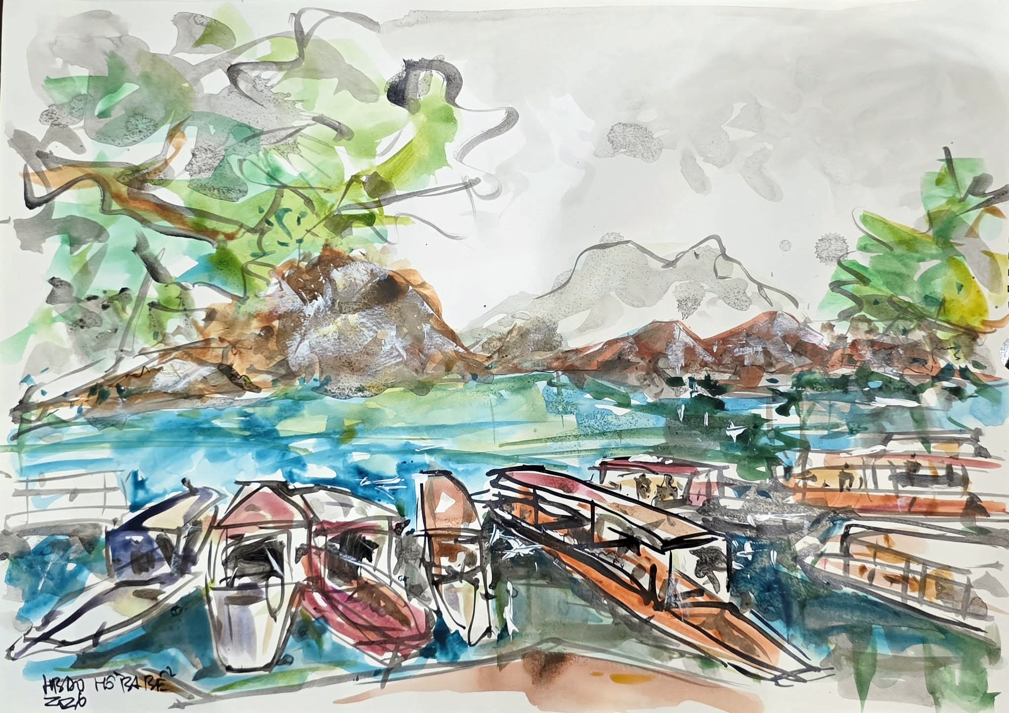 Bến thuyền tham quan hồ Ba Bể - ký họa của KTS Bùi Hoàng Bảo