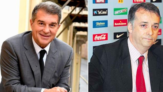 Chủ tịch Barca Joan Laporta (trái) và cánh tay phải Alejandro Echevarria. Ảnh: Culemania