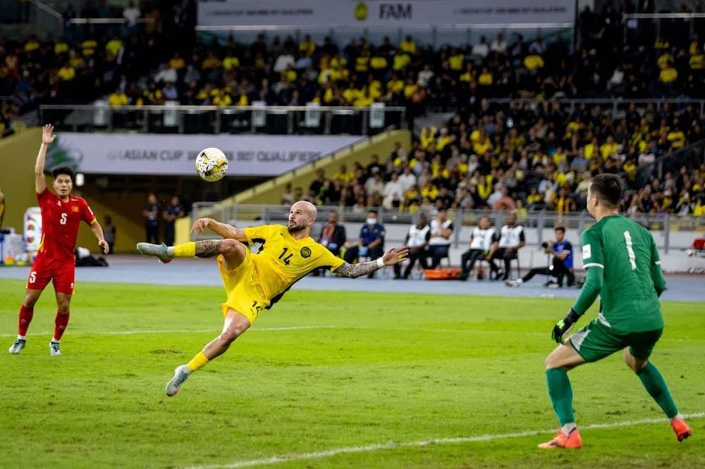 Đội tuyển Việt Nam rộng cửa vào vòng chung kết Asian Cup 2027 khi đội dẫn đầu Malaysia bị trừ điểm. Ảnh: TNST. nong-doi-tuyen-malaysia-chac-chan-bi-xu-thua-nepal-va-viet-nam-0-3 (3).jpg
