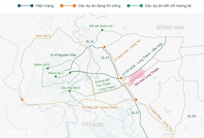 Mạng lưới giao thông kết nối TP HCM với sân bay Long Thành. Đồ họa: Khánh Hoàng