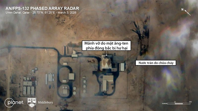 Đài radar AN/FPS-132 bị hư hại tại Umm Dahal, Qatar trong ảnh chụp ngày 3/3. Ảnh: Planet Labs