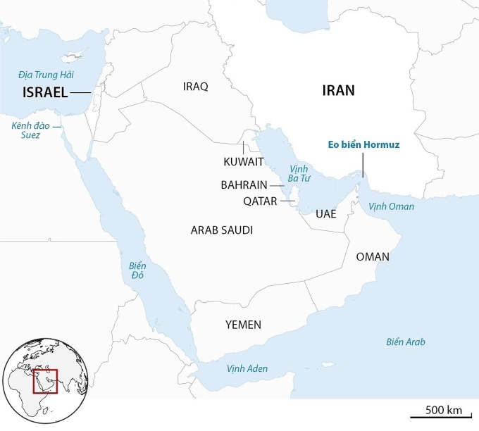 Vị trí Eo biển Hormuz. Đồ họa: Guardian