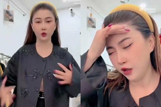 Sister Wang Zha đang giới thiệu quần áo trên livestream thì đột nhiên bị đau đầu dữ dội. Ảnh chụp màn hình: Weibo