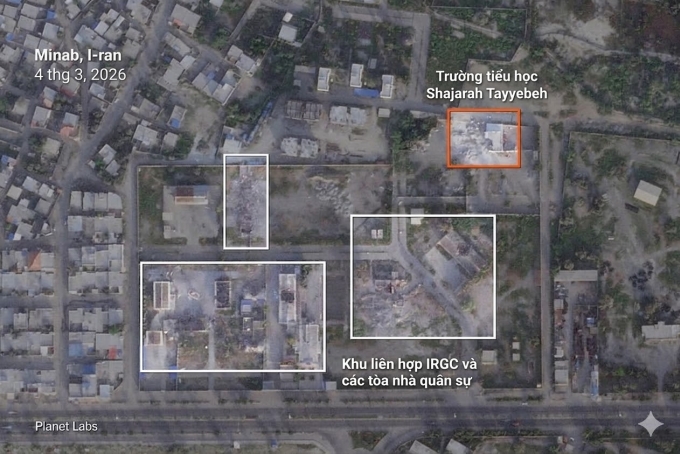 Vị trí trường học (màu đỏ) và khu phức hợp của IRGC cùng các tòa nhà quân sự hôm 4/3. Ảnh: Planet Labs