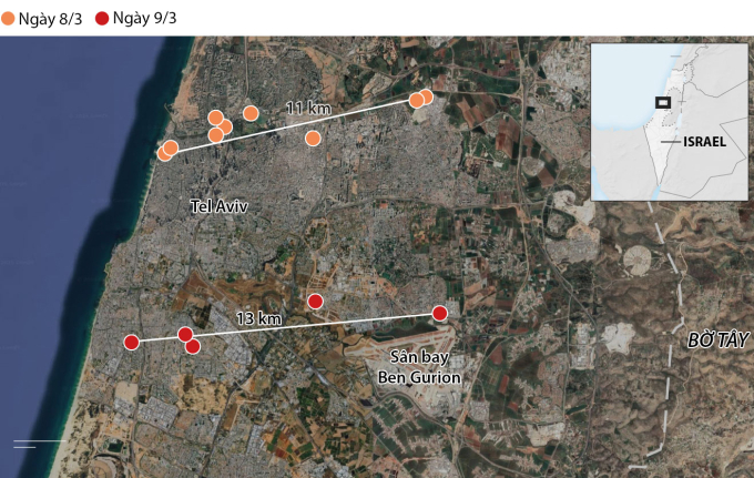 Vị trí tên lửa Iran thả đạn con trong vụ tập kích nhằm vào Tel Aviv ngày 8 và 9/3. Đồ họa: CNN