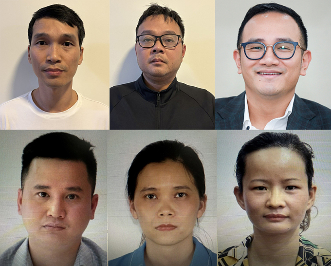 Bị can Phạm Văn Hùng, Trịnh Quốc Khánh và Đào Hữu Duy Anh, An Văn Bắng, Đào Thị Mai, Hoàng Thúy Hà (từ trái qua, từ trên xuống). Ảnh: Bộ Công an