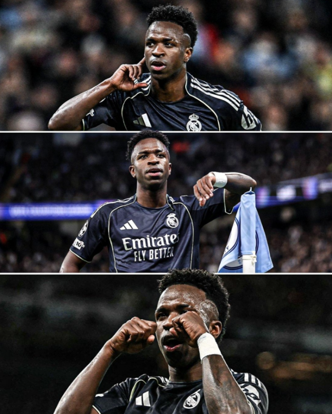 Những màn ăn mừng của Vinicius trong trận Real thắng Man City 2-0 ở lượt về vòng 1/8 Champions League trên sân Etihad, Manchester ngày 17/3. Ảnh: ESPN