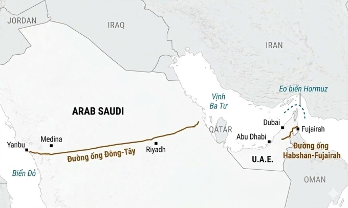 Vị trí đường ống Đông - Tây và đường ống Habshan-Fujairah. Đồ họa: WSJ