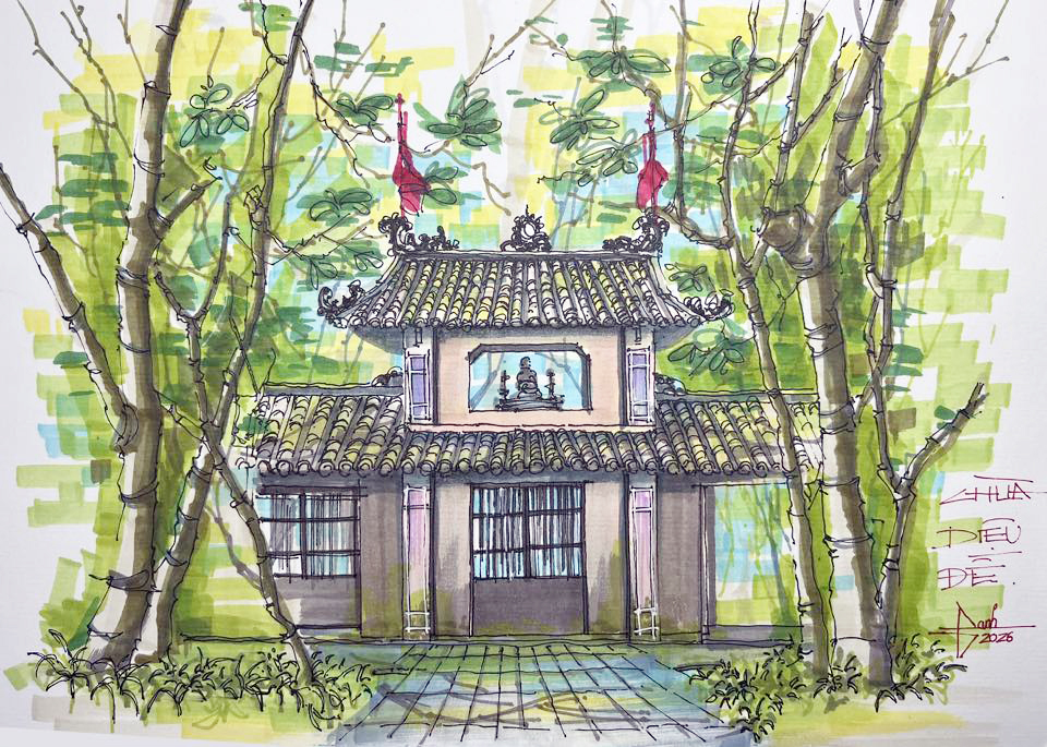 Chùa Diệu Đế là nơi vua Thiệu Trị chào đời - ký họa của Trình Ngọc Danh - SV Trường đại học Kiến trúc Đà Nẵng