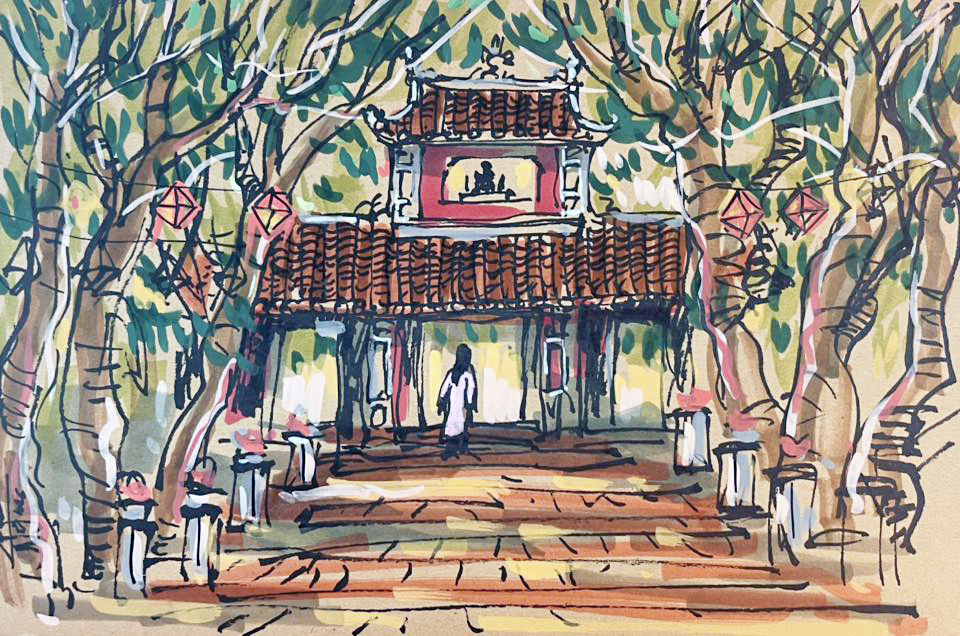 Chùa Diệu Đế nằm trong vườn cây xanh mát - ký họa của họa sĩ Trần Bình Minh